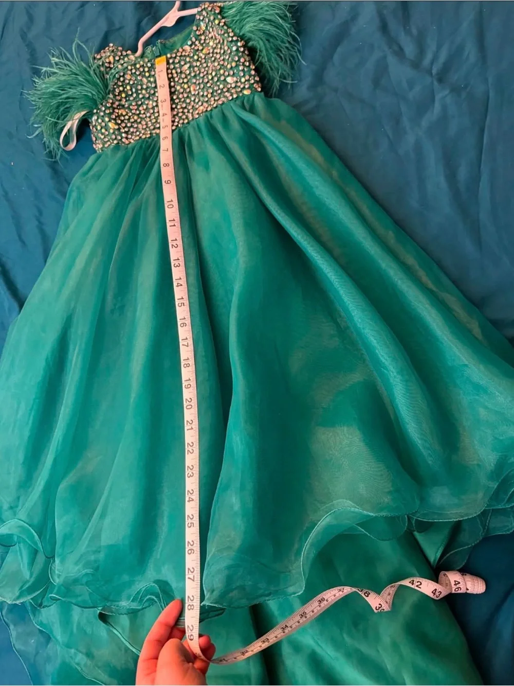 OMC Pageant Gown Size 2 Girls Teal Beaded Tulle w/ Feather Straps
